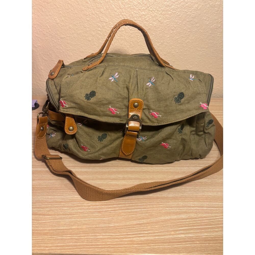 Vintage NICA Olive Green Canvas Hobo Shoulder Bag - Dragonflies & Pineapples